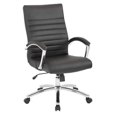 Work Smart Black Faux-leather Executive Mid-back Chair with Padded Arms and Chrome-finished Base