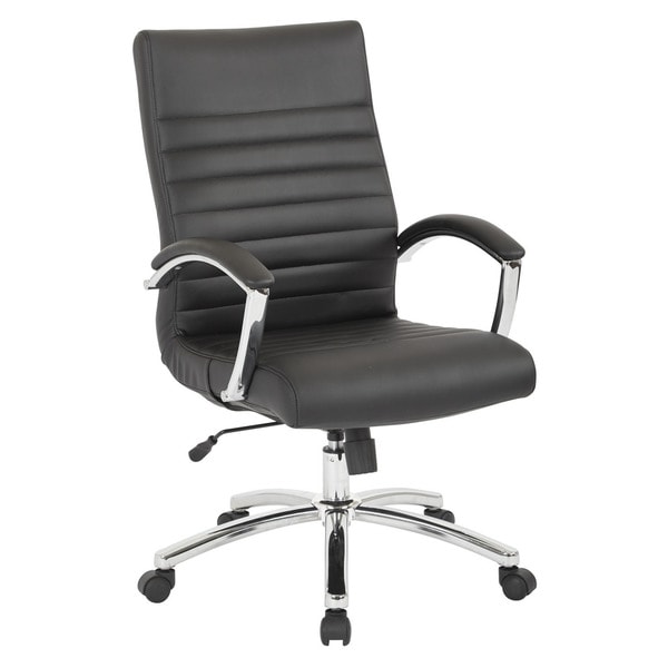 Work Smart Black Faux-leather Executive Mid-back Chair with Padded Arms and Chrome-finished Base