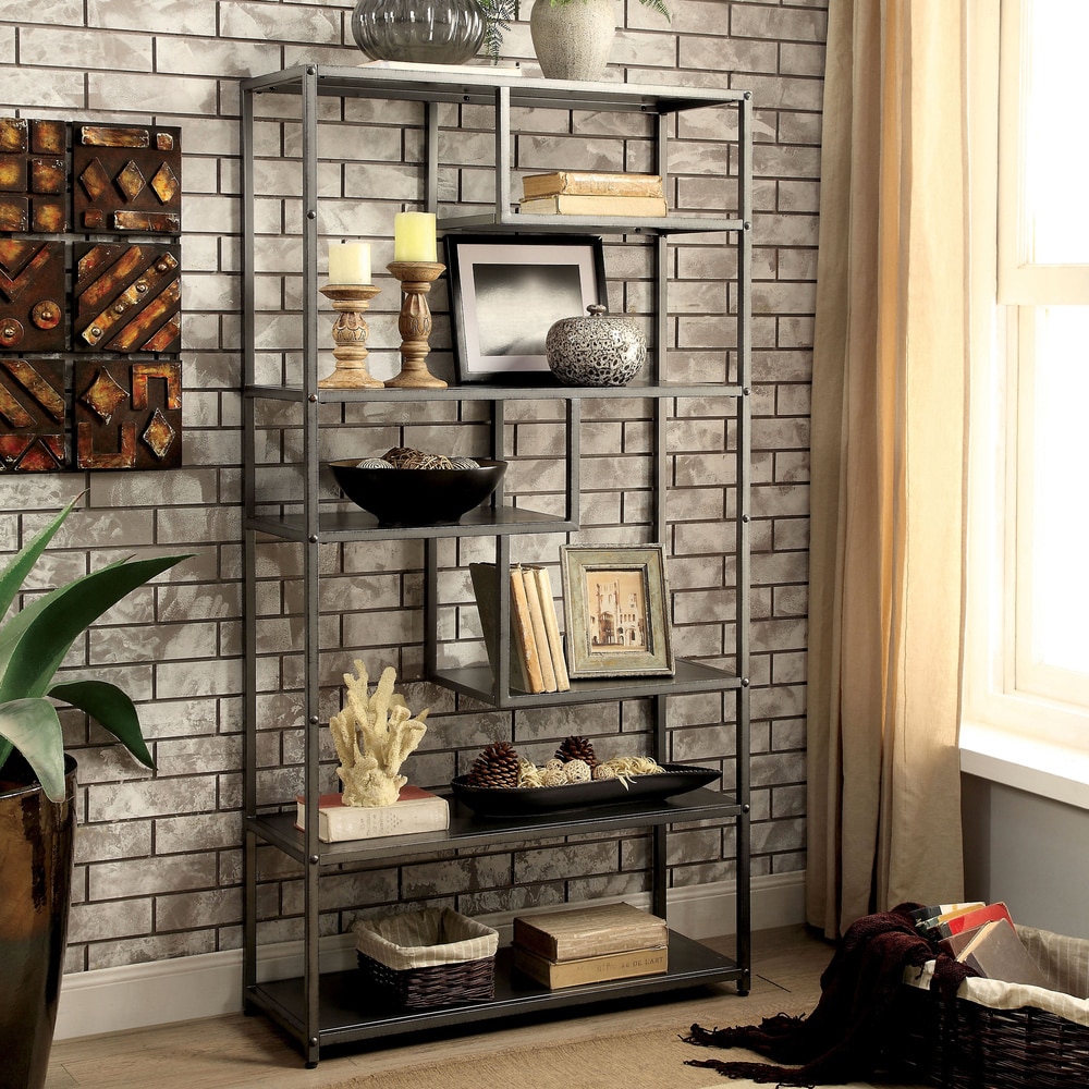 Furniture of America Zaur Urban 6-Shelf Grey Metal Open Back Tiered Bookshelf
