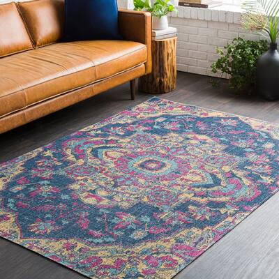 Persian Medallion Distressed Blue and Yellow Area Rug - 5'3" x 7'6"