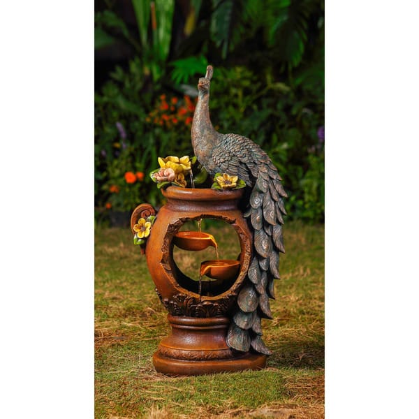 slide 1 of 1, Jeco Peacock Polyresin/Fiberglass Water Fountain with LED Lighting
