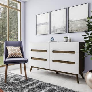 slide 1 of 1, Mid-Century White and Walnut 6-Drawer Chest by Baxton Studio