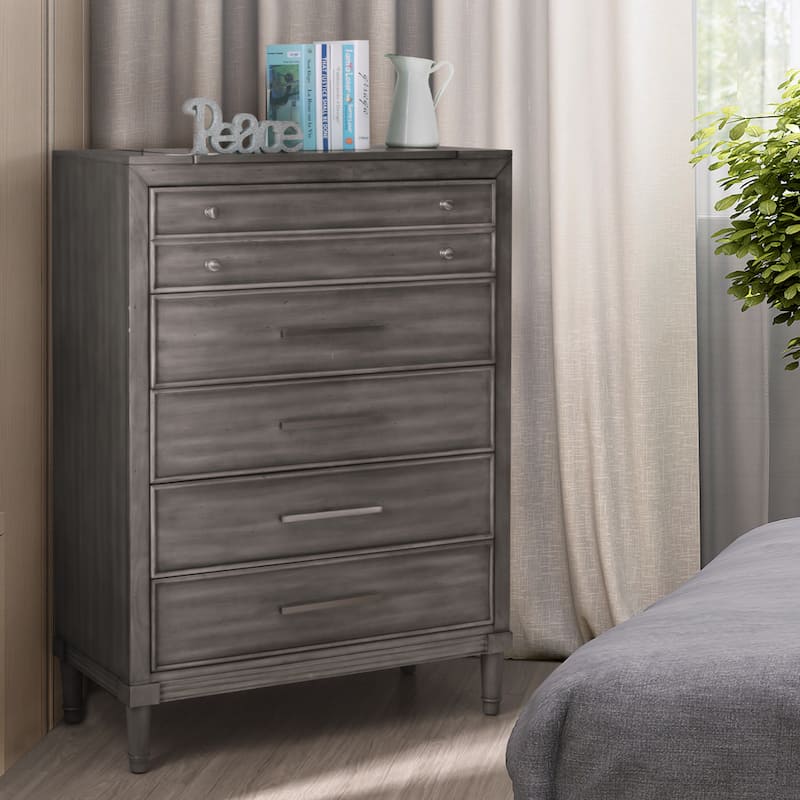 Hax Transitional Grey Solid Wood 5-Drawer Chest with Flip-top Jewelry Case by Furniture of America