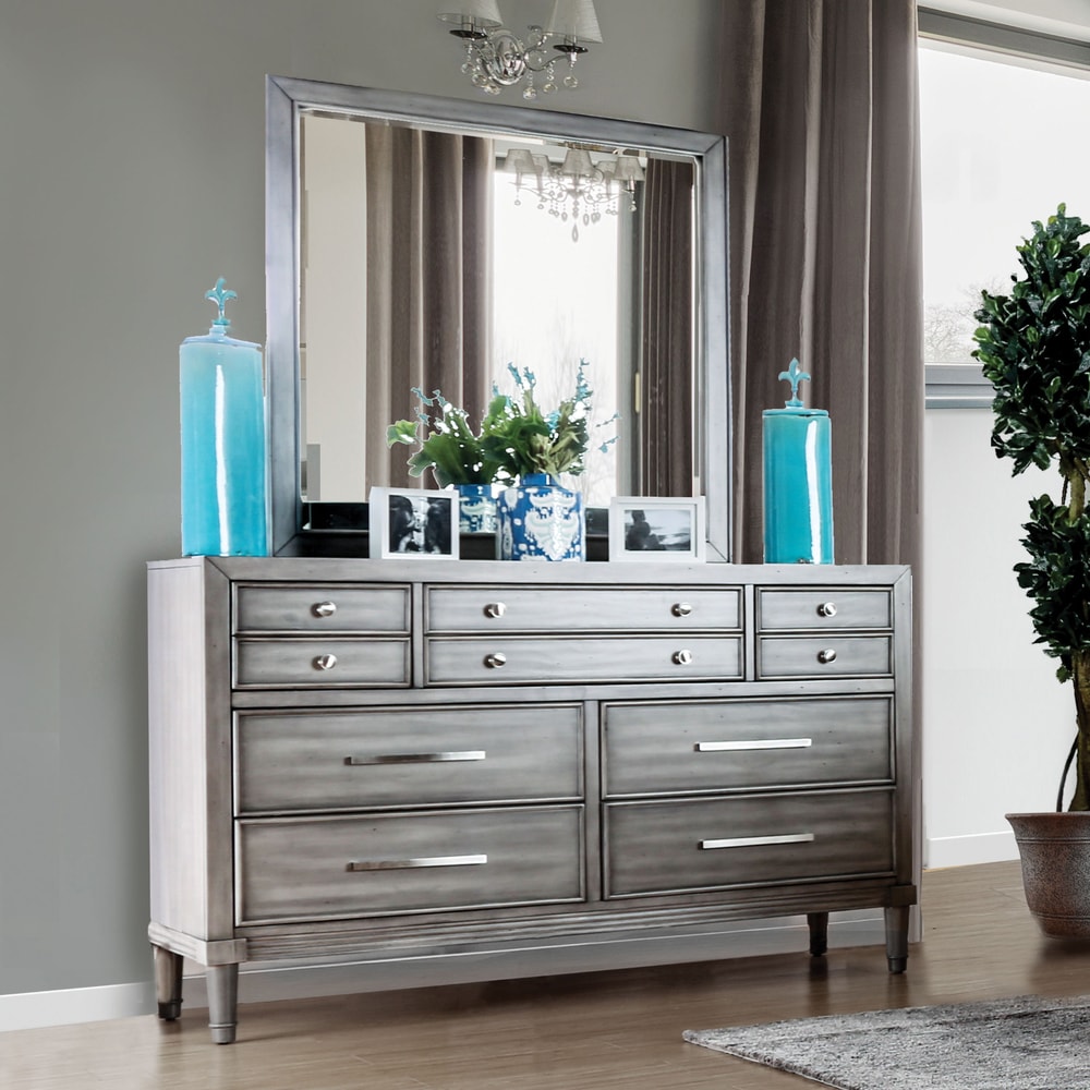 Furniture of America Hax Transitional Grey Solid Wood 7-Drawer 2-piece Dresser and Mirror Set