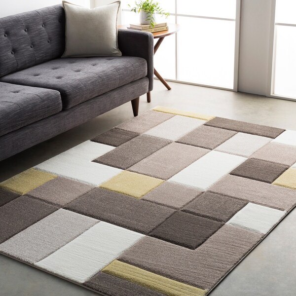 Shop Modern Geometric Carved Grey and Yellow Area Rug - 7'10" x 10'3
