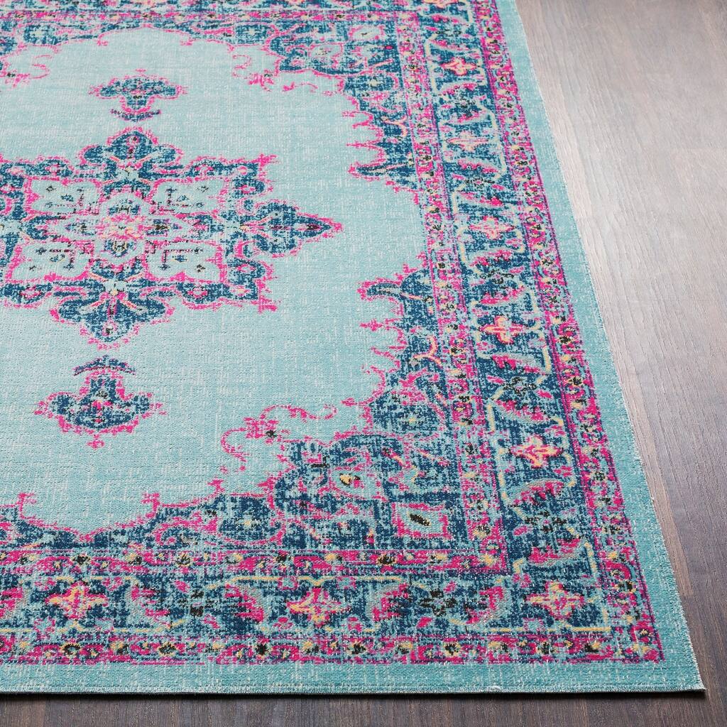 Traditional Persian Distressed Light Blue/Pink Area Rug - 7'10" x 10'3"