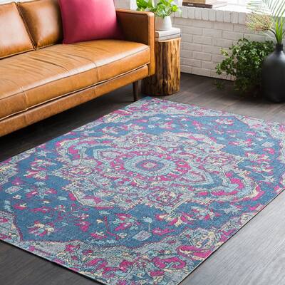 Persian Medallion Distressed Blue and Pink Area Rug - 7'10" x 10'3"