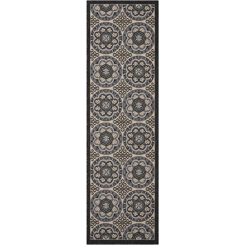 Nourison Caribbean Classic Medallion Indoor/Outdoor Area Rug - 2'3" x 7'6" Runner - Ivory/Charcoal