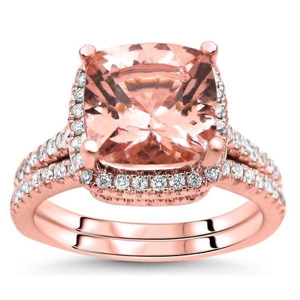 Noori 14k Rose Gold 2 1/2ct TGW Cushion-cut Morganite Diamond Engagement Ring Bridal Set (G-H, SI2-I1) - White