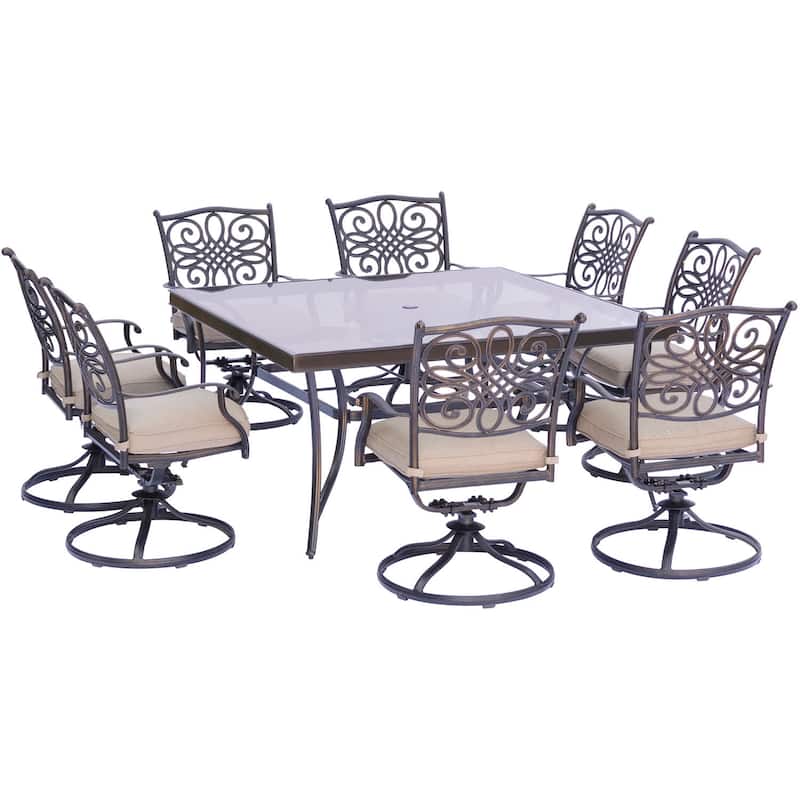 Hanover Traditions Tan Aluminum 9-piece Dining Set with 60-inch Square Glass-top Dining Table