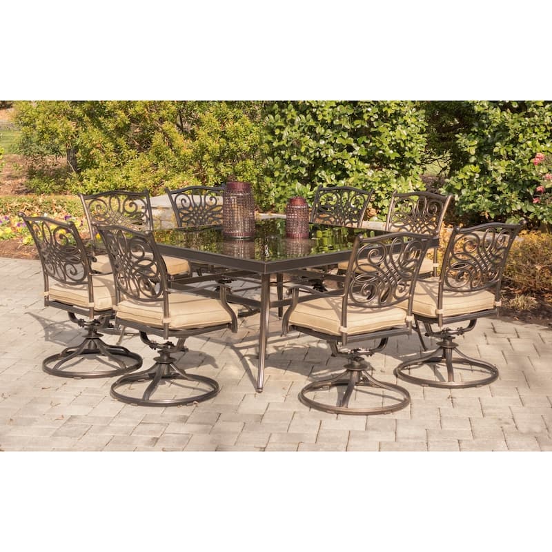 Hanover Traditions Tan Aluminum 9-piece Dining Set with 60-inch Square Glass-top Dining Table