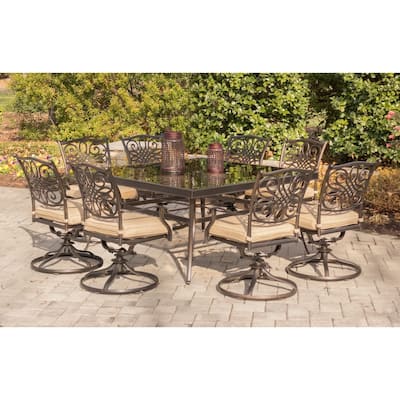 Hanover Traditions Tan Aluminum 9-piece Dining Set with 60-inch Square Glass-top Dining Table