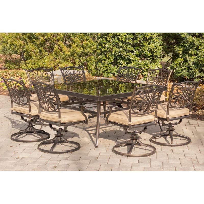 Hanover Traditions Tan Aluminum 9-piece Dining Set with 60-inch Square Glass-top Dining Table