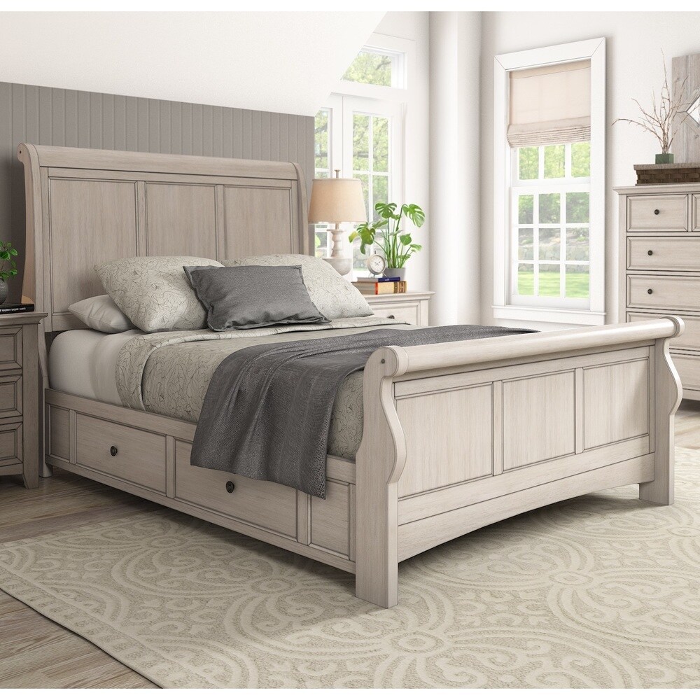 Wooden sleigh bed with deals storage drawers