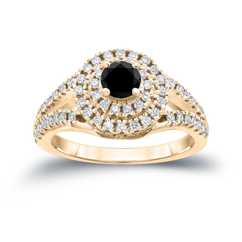 Auriya 14k Gold 1ctw Split Shank Halo Black Diamond Engagement Ring (H-I, I1-I2) - 4 - Yellow