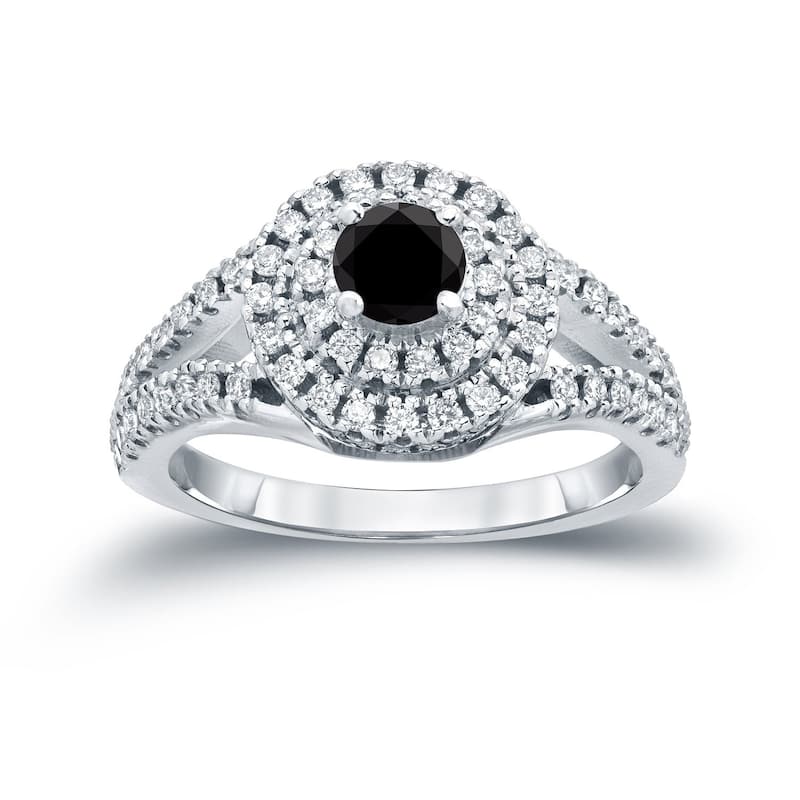 Auriya 14k Gold 1ctw Split Shank Halo Black Diamond Engagement Ring (H-I, I1-I2) - 6.5 - White