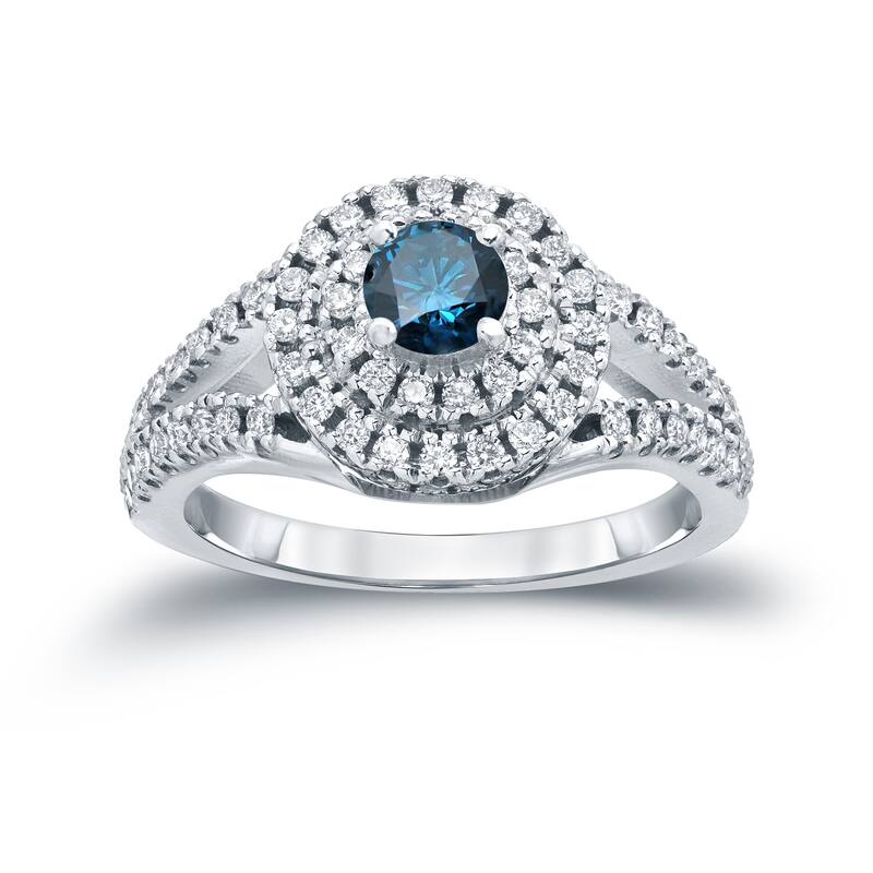 Auriya Modern Split Shank 1ct TDW Round Blue Diamond Halo Engagement Ring by Auriya 14k Gold