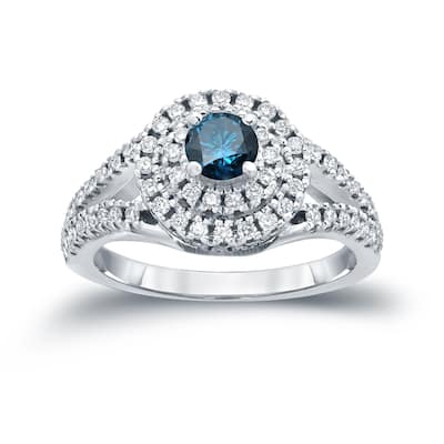 Auriya Modern Split Shank 1ct TDW Round Blue Diamond Halo Engagement Ring by Auriya 14k Gold