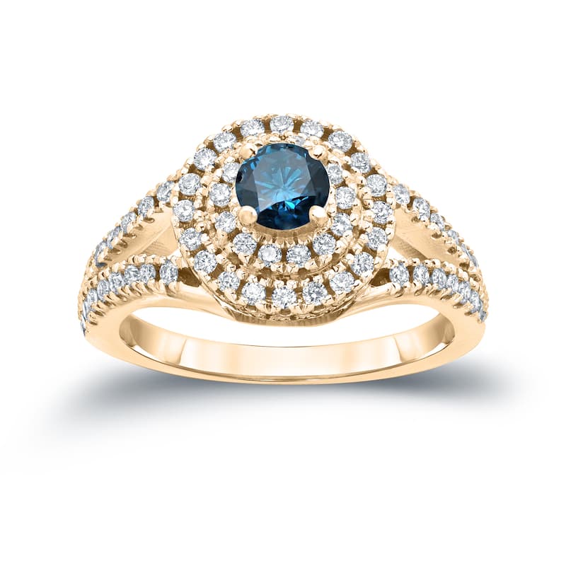 Auriya Modern Split Shank 1ct TDW Round Blue Diamond Halo Engagement Ring by Auriya 14k Gold