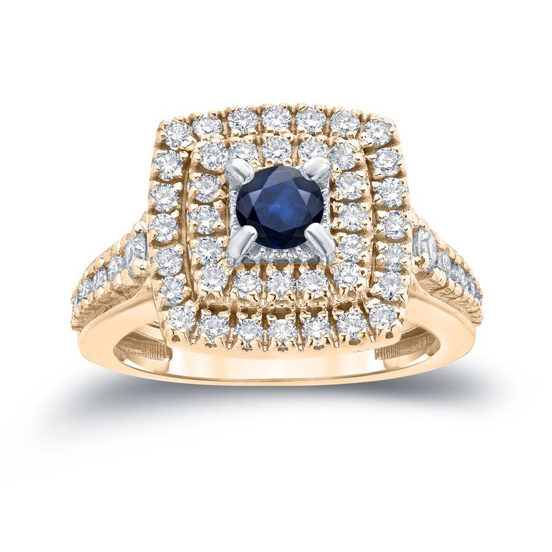 Auriya 2/5ct TDW Round Blue Sapphire and 1ct TDW Double Halo Diamond Engagement Ring 14k Gold (H-I, I1-I2)