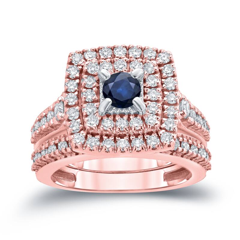 14k Gold 2/5ct Sapphire and 1 1/5ct TDW Diamond Halo Engagement Ring Set by Auriya