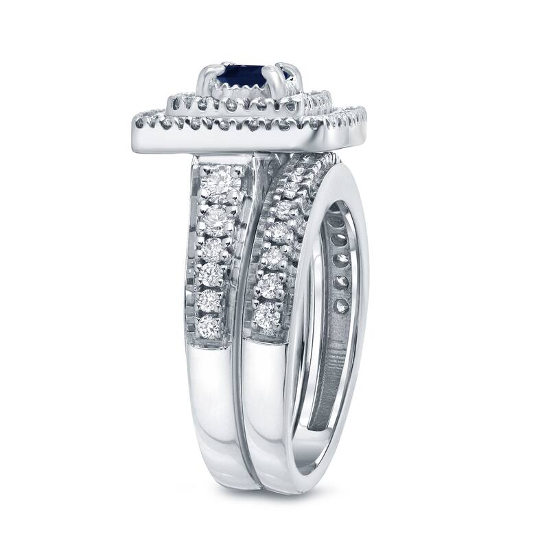 14k Gold 2/5ct Sapphire and 1 1/5ct TDW Diamond Halo Engagement Ring Set by Auriya