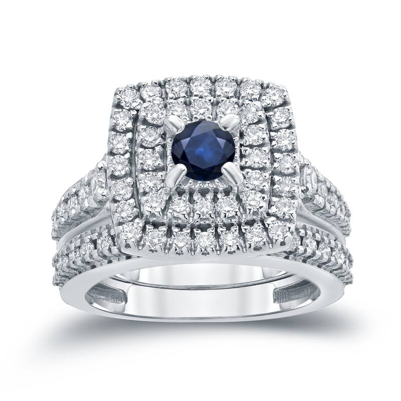 14k Gold 2/5ct Sapphire and 1 1/5ct TDW Diamond Halo Engagement Ring Set by Auriya