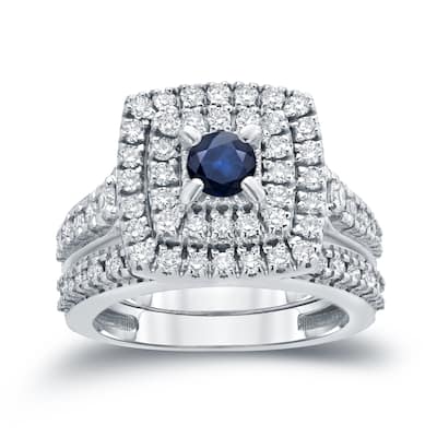 14k Gold 2/5ct Sapphire and 1 1/5ct TDW Diamond Halo Engagement Ring Set by Auriya