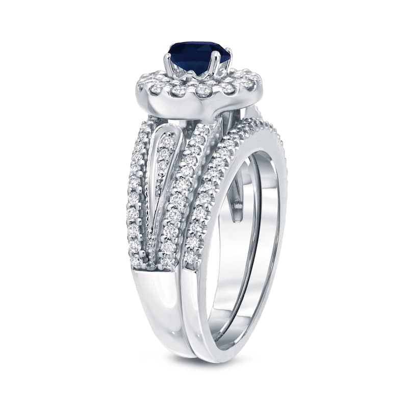 Auriya 1/4ct Blue Sapphire and 1/2ctw Halo Diamond Engagement Ring Set 14k Gold