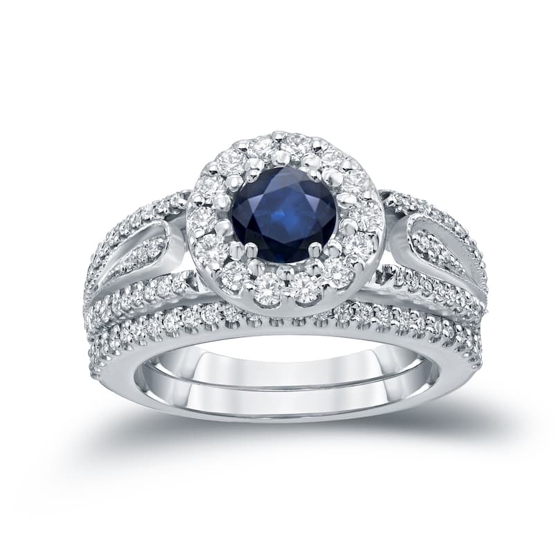 Auriya 1/4ct Blue Sapphire and 1/2ctw Halo Diamond Engagement Ring Set 14k Gold