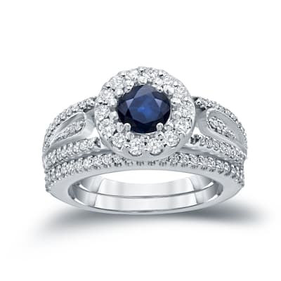 Auriya 1/4ct Blue Sapphire and 1/2ctw Halo Diamond Engagement Ring Set 14k Gold