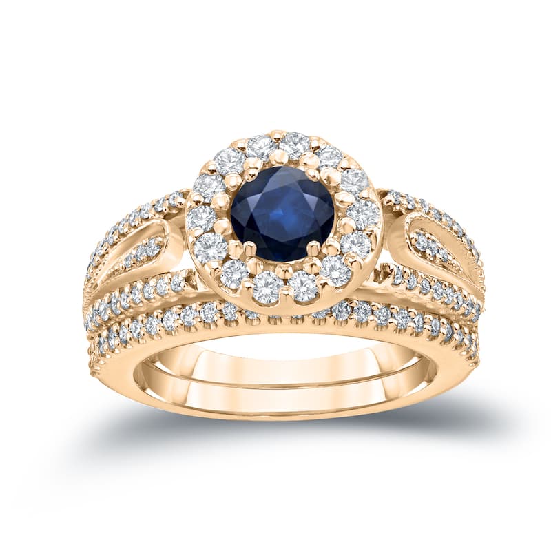 Auriya 1/4ct Blue Sapphire and 1/2ctw Halo Diamond Engagement Ring Set 14k Gold