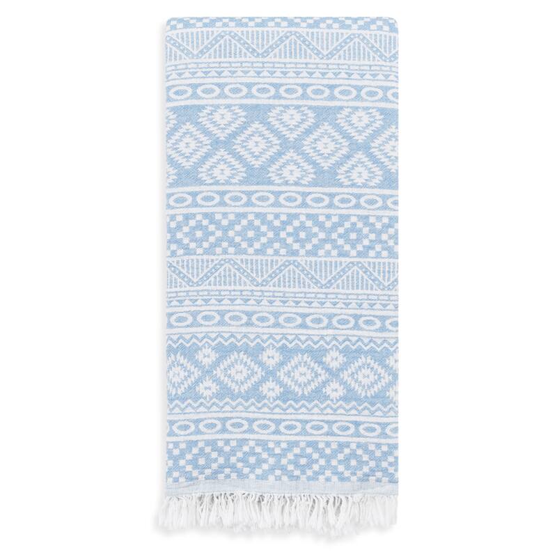 Authentic Pestemal Fouta Sienna Geometric Stripe Turkish Cotton Bath/ Beach Towel - Light Blue