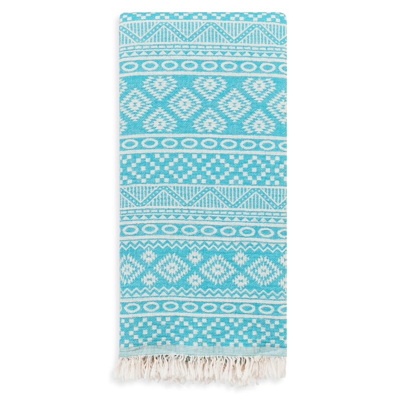 Authentic Pestemal Fouta Sienna Geometric Stripe Turkish Cotton Bath/ Beach Towel - Turquoise