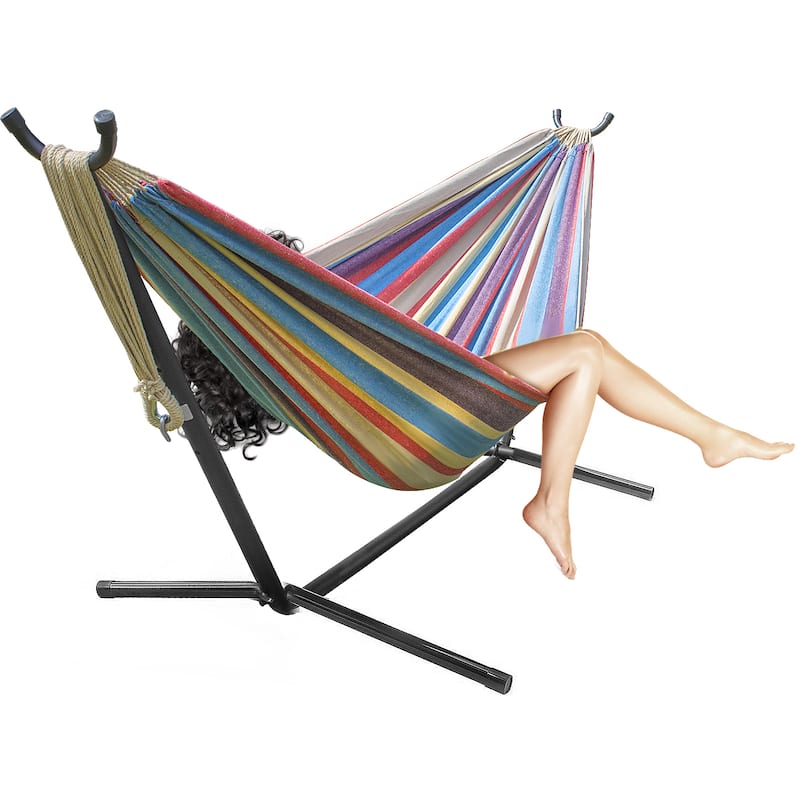 Brazilian Blue, Sand, Purple, Red Stripes Double Hammock with Stand