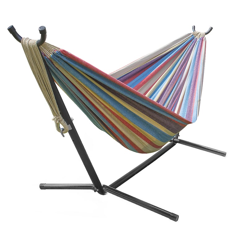 Brazilian Blue, Sand, Purple, Red Stripes Double Hammock with Stand