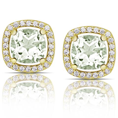 Dolce Giavonna Gold over Sterling Silver Green Amethyst and Cubic Zirconia Halo Stud Earrings