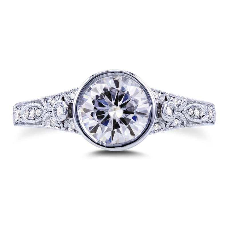 Annello by Kobelli 14k White Gold 1ct TGW Moissanite Bezel Set and Diamond Accent Vintage Engagement Ring