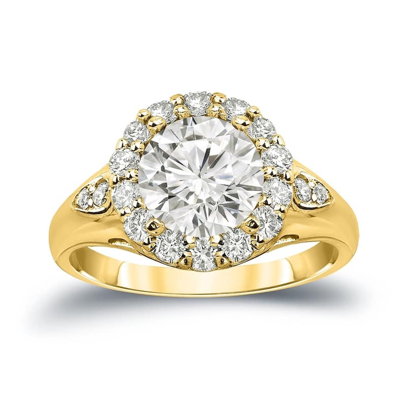 Auriya Round 3 1/3ctw Halo Diamond Engagement Ring 14k Gold Certified - 4 - Yellow
