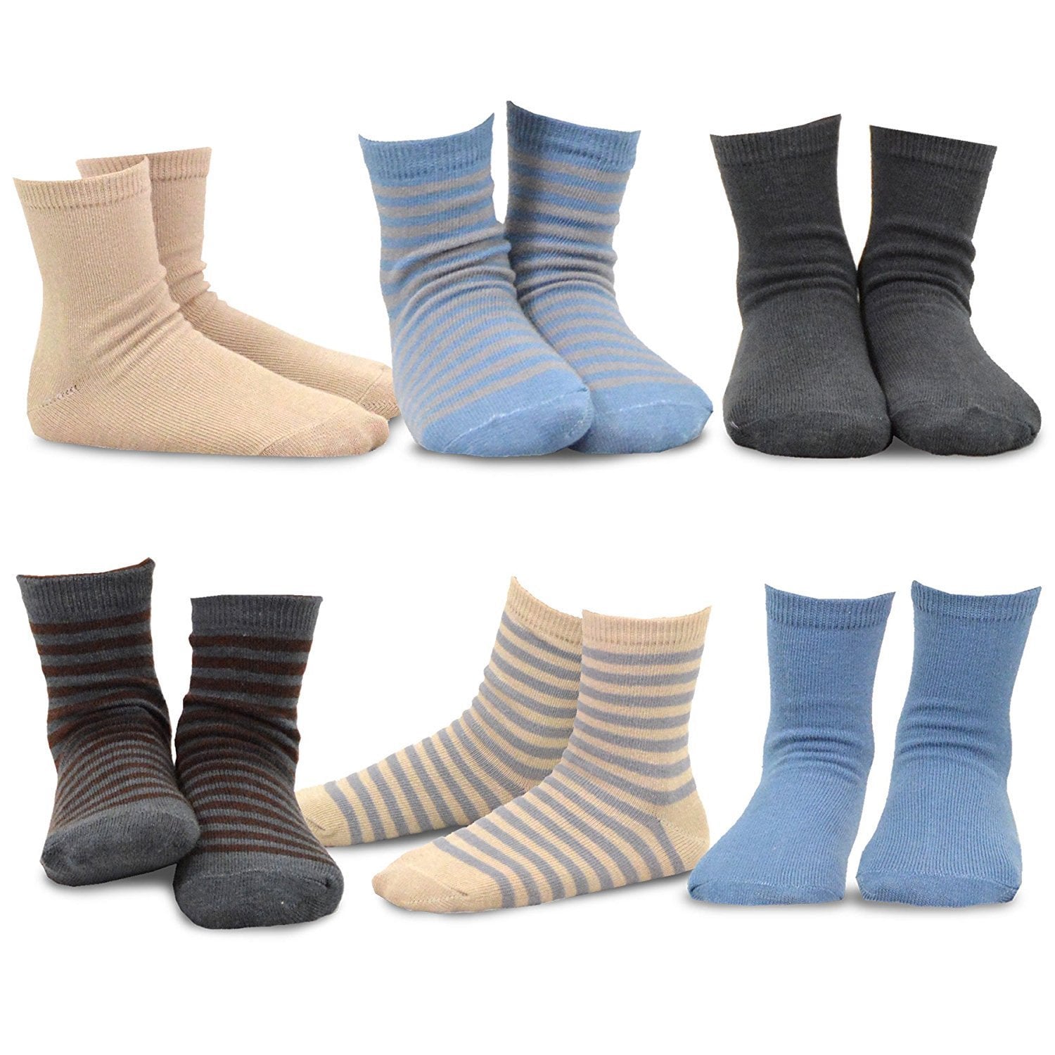 TeeHee Kids Boys Basic Crew Socks 6 Pair Pack Sports Stripe Solids Pattern
