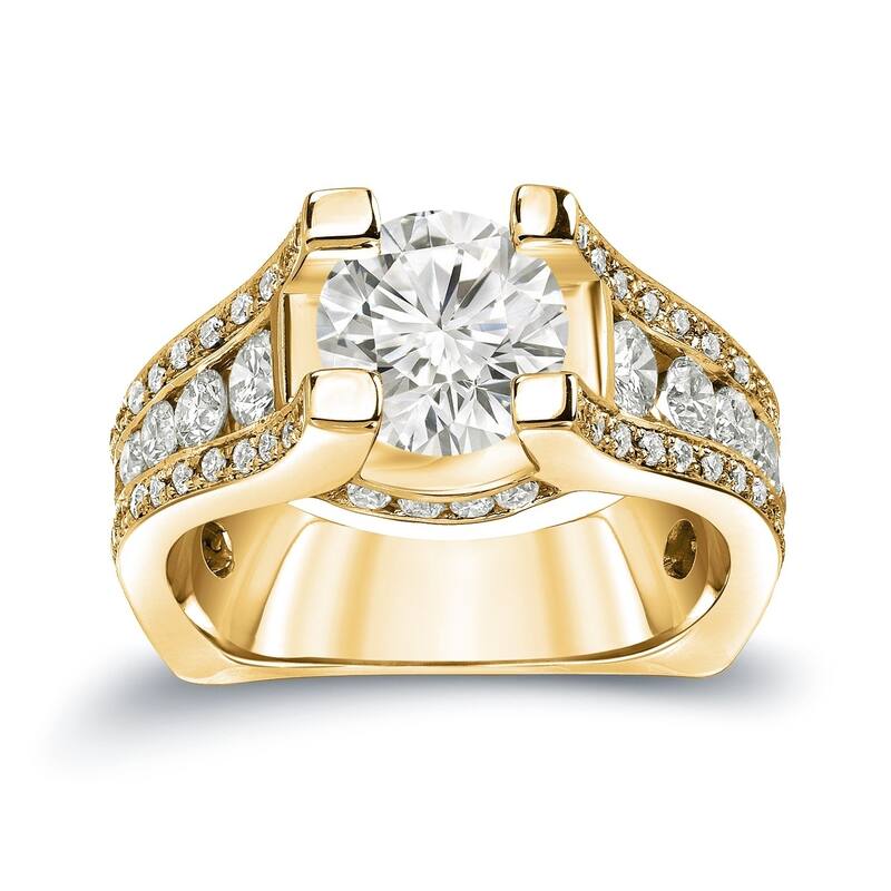 Auriya Unique 3 1/4ctw Round Diamond Engagement Ring 14K Gold Certified - 4 - Yellow