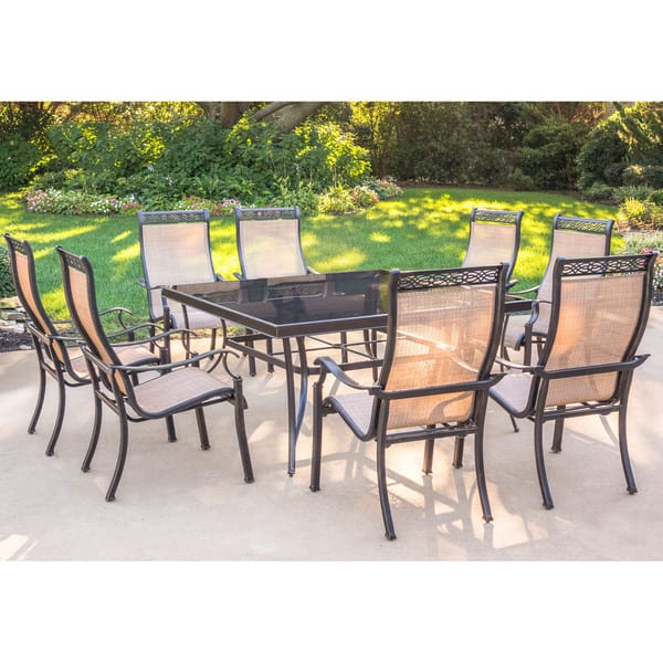 Shop Hanover Monaco Tan Aluminum 9 Piece Dining Set With 60 Inch Square Glass Top Table And Eight Stationary Dining Chairs Overstock 15973019