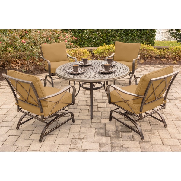 Hanover Summer Nights 5-Piece Dining Set with Four Cushioned Rockers and a 48 In. Cast-top Table