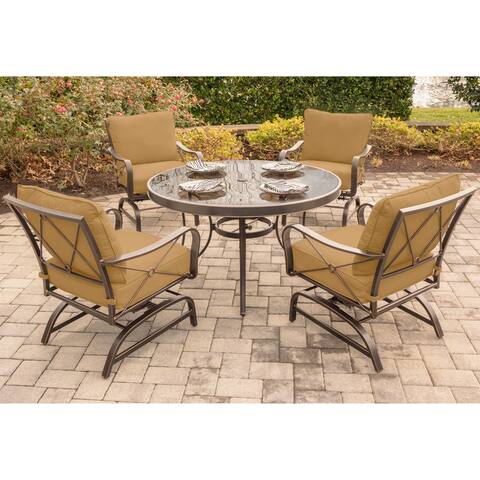 Hanover Summer Nights 5-Piece Dining Set with Four Cushioned Rockers and a 48 In. Glass-top Table
