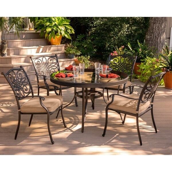 Hanover Traditions 5-Piece Dining Set in Tan with 48 In. Glass-top Table