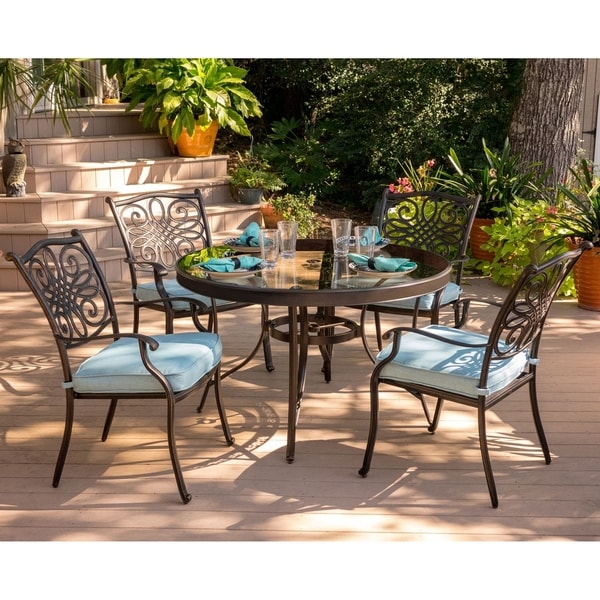 Hanover Traditions 5-Piece Dining Set in Blue with 48 In. Glass-top Table