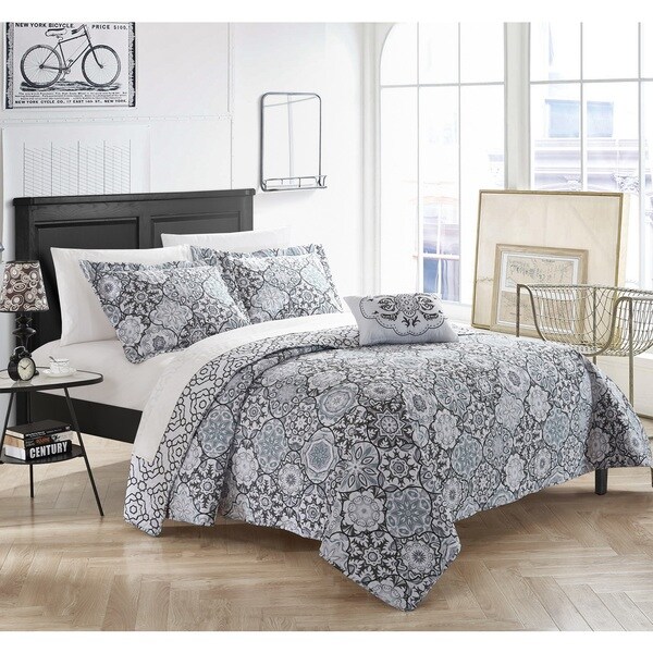Chic Home 4-Piece Norwell Grey 100% Cotton Reversible Quilt Set