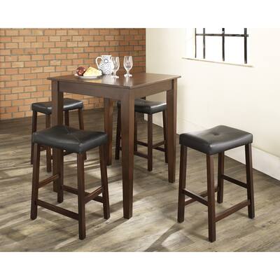 Cherry Finish Wood Pub Table and Upholstered Saddle Stool Set (Set of 5)