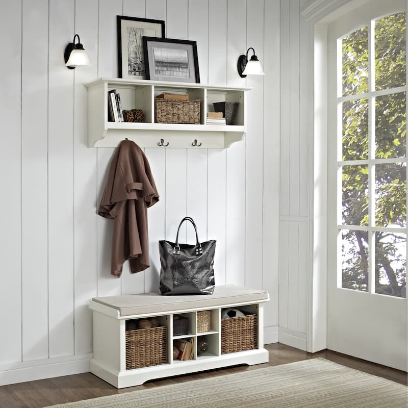 Crosley Brennan White Wood 2-piece Entryway Bench and Shelf Set - 41.5"W x 18.25"H x 15"D