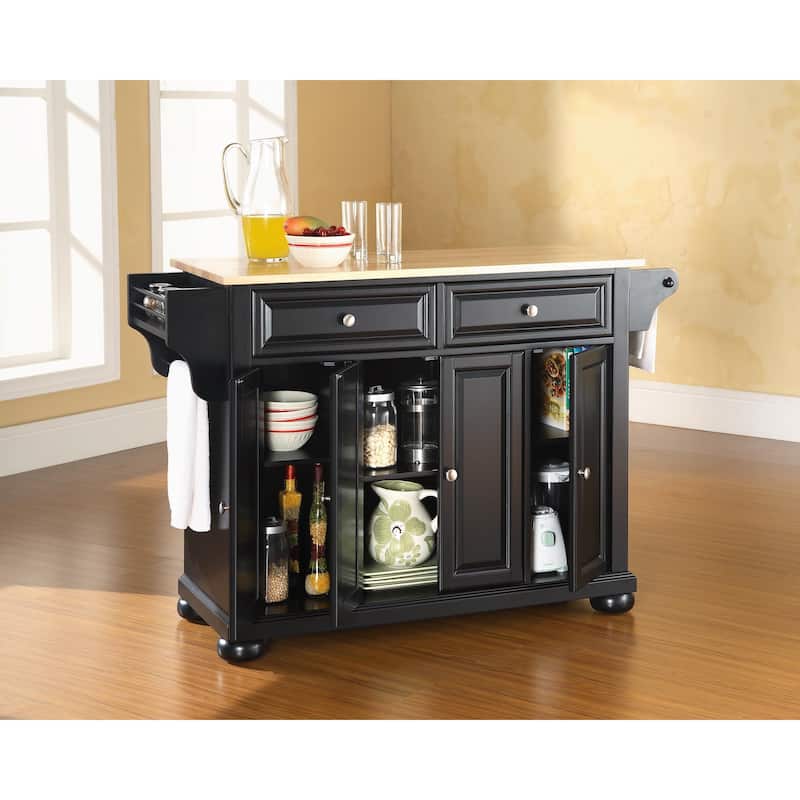 Crosley Alexandria Natural Wood Top Kitchen Island in Black Finish - 51.5 "W x 18 "D x 34 "H